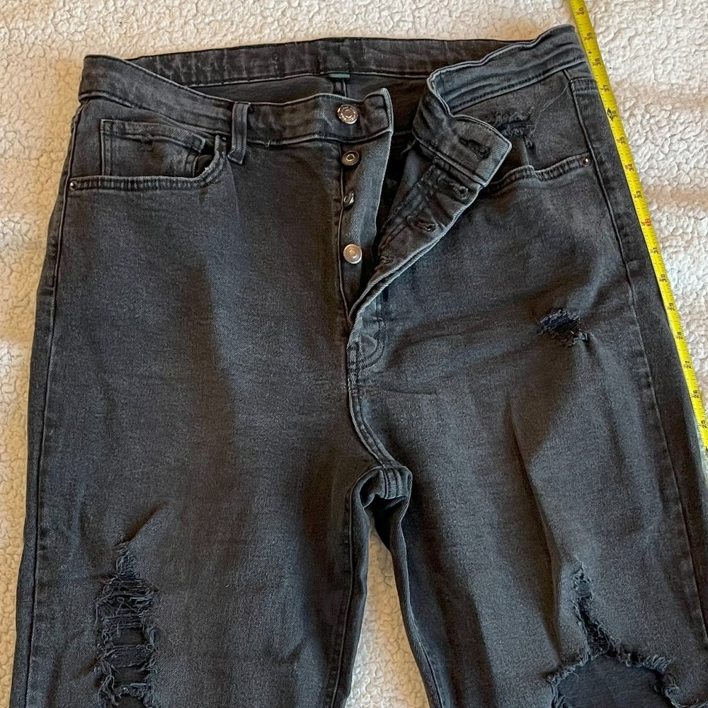 Distressed Black Jeans | Button Fly, Straight Leg, Cropped